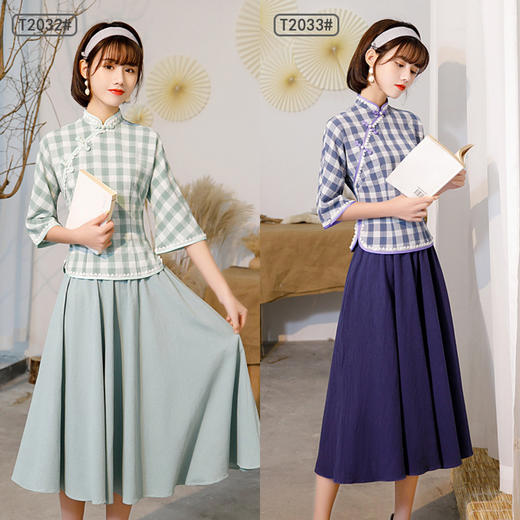 BS-T2032 民国风少女旗袍清纯素雅女学生改良连肩袖汉服套裙 商品图0