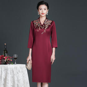 ZY-Q6056秋装新款醋酸缎面绣花连衣裙大码显瘦端庄婚宴礼服