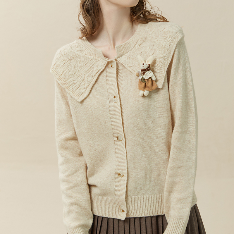 Famecoco范可儿肌理感娃娃领针织开衫女秋冬澳洲进口羊毛毛衣F228DE007