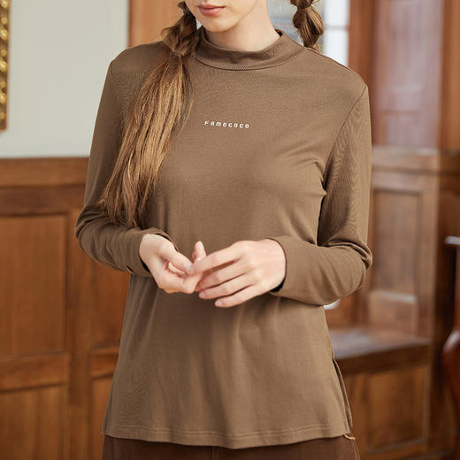 famecoco范可儿高弹字母印花t恤女半高领打底上衣长袖F228BB003 商品图3