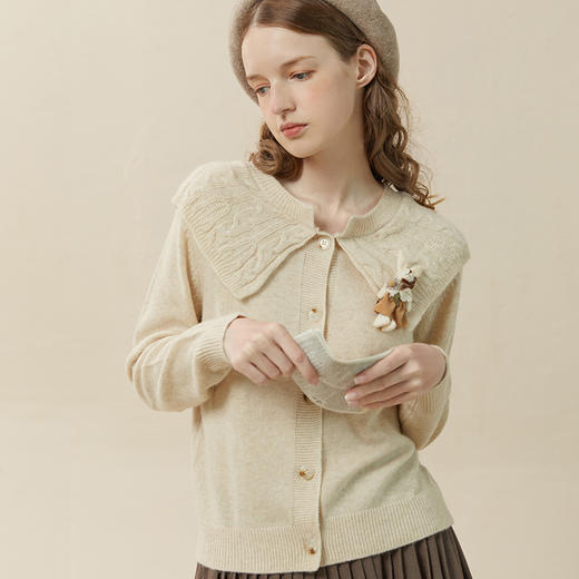 Famecoco范可儿肌理感娃娃领针织开衫女秋冬澳洲进口羊毛毛衣F228DE007 商品图1