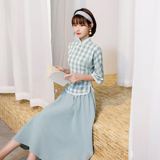 BS-T2032 民国风少女旗袍清纯素雅女学生改良连肩袖汉服套裙 商品图2