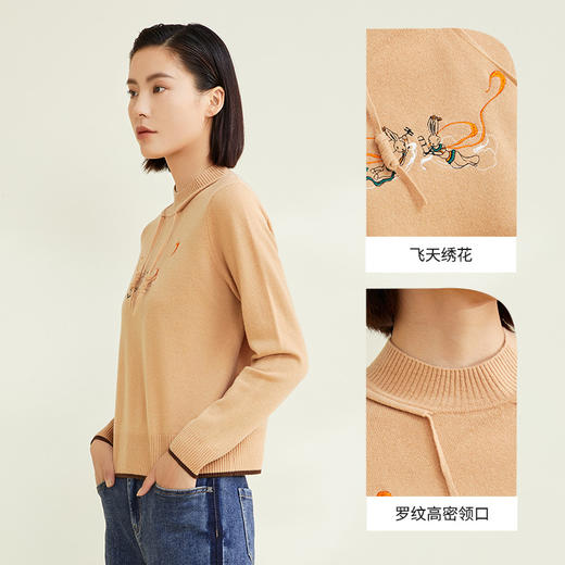 玳莎100%绵羊毛半高圆领针织衫女冬季精致绣花设计感休闲绳结羊毛衫  CD33313 商品图2