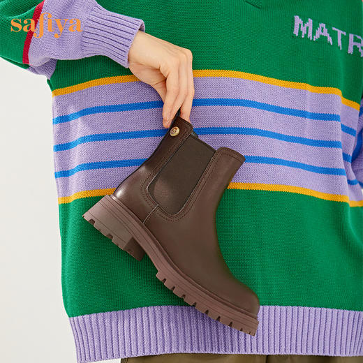 【春节不打烊】Safiya/索菲娅 切尔西靴2022年冬季新款英伦风真皮厚底圆头黑色短靴女 SF24116018 商品图7