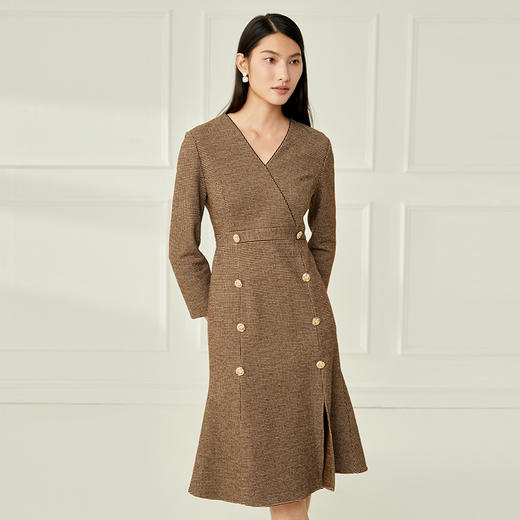 EITIE爱特爱新款V领格纹收腰修身显瘦连衣裙6807508 商品图3