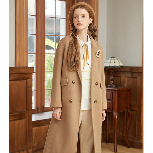 Famecoco范可儿西装领毛呢大衣女羊毛双面呢外套过膝长款F228AQ005 商品图2