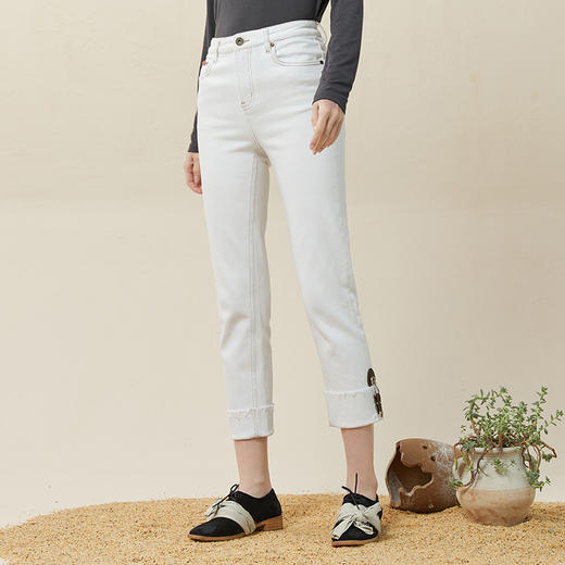 Famecoco范可儿直筒翻边牛仔裤女冬丹宁拼接pu皮袢九分裤F228GA014 商品图0