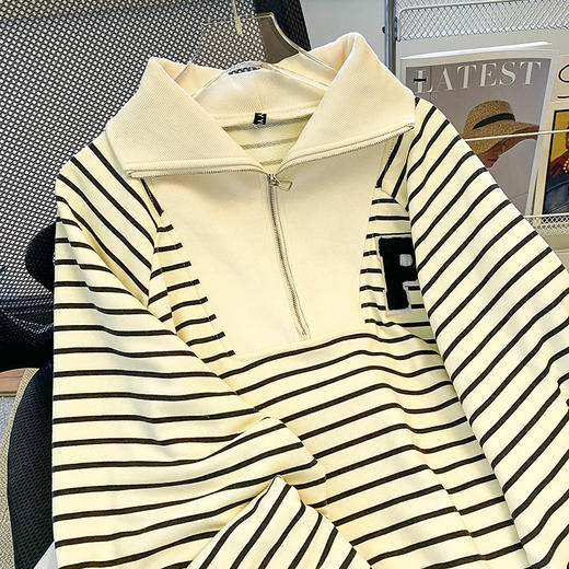 黛唯梵抖音欧美高街条纹polo立领卫衣女春秋宽松原宿风拉链外套上衣 商品图2