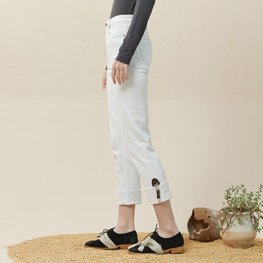 Famecoco范可儿直筒翻边牛仔裤女冬丹宁拼接pu皮袢九分裤F228GA014 商品图3