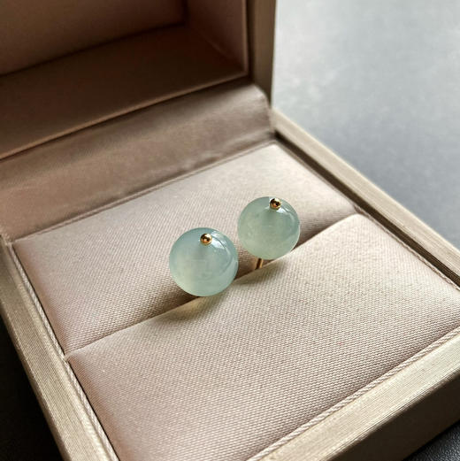 冰种翡翠珠子耳钉18k黄金镶嵌 商品图0