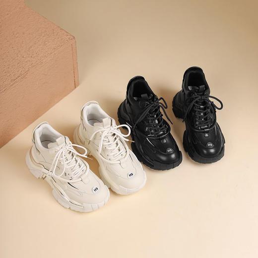 西村名物22年秋冬新款简约风高帮休闲女鞋深口绑带老爹鞋厚底鞋女37851 商品图2