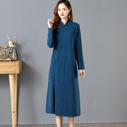 立领旗袍针织过膝配大衣打底毛衣裙CC-E-8509 商品图1