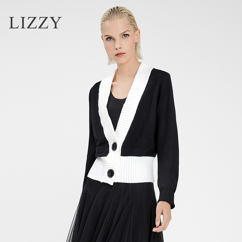 LIZZY 早秋 时尚都市休闲通勤撞色小香风开襟针织外套上衣7744