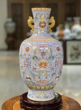 蓝底卷尾草花卉双耳瓶