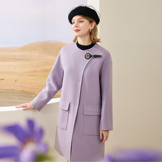 MH9E9斯尔丽瑟俪2022年冬上新商场同款圆领时尚皮搭扣大口袋中长款大衣 商品图0