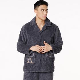 都市丽人都市锋尚生活家居男士长毛绒套装北极绒提花厚家居服长袖睡衣FH21H5