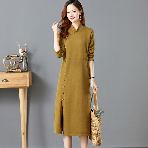 立领旗袍针织过膝配大衣打底毛衣裙CC-E-8509 商品图0