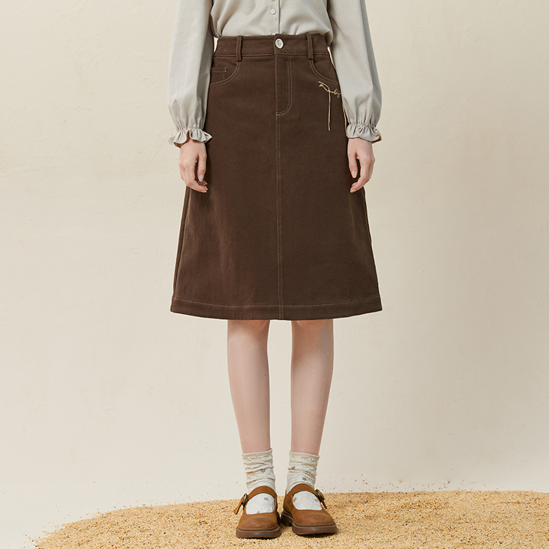 Famecoco范可儿明线绣花半身牛仔裙女小个子中长款a字直筒裙F228HA023