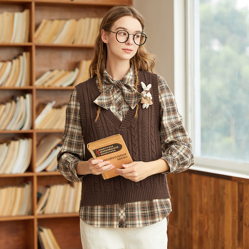 Famecoco范可儿格子毛衫衬衫两件套秋冬文艺高级感套装女F228EC001