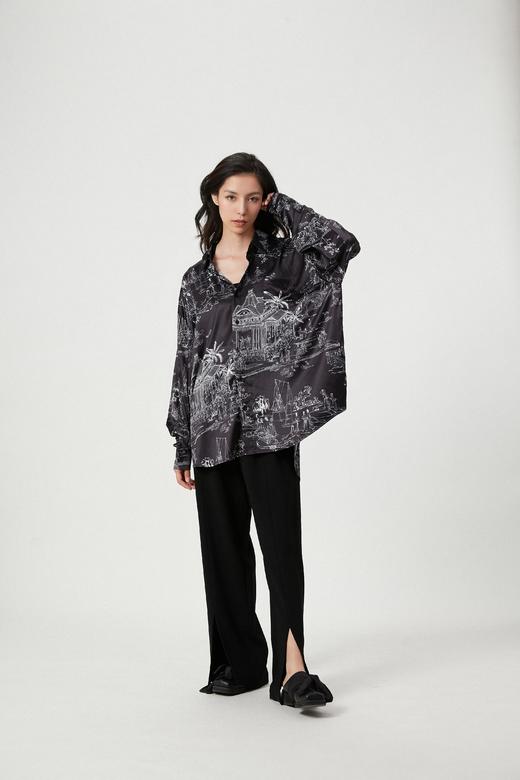 雍正行乐图原创印花黑色中性衬衣 商品图1