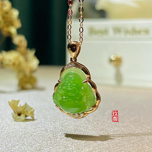 18K玫瑰金和田玉（碧玉）项链--玉佛/佛公11*12mm/链长40+2cm/苹果绿 商品图3