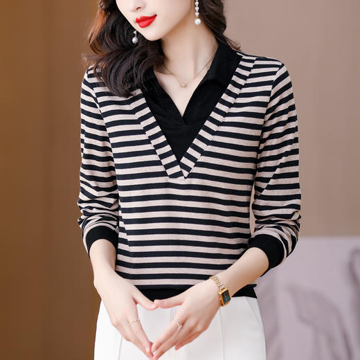 KQL 210H976经典条纹T恤拼接假两件大码打底衫 商品图0