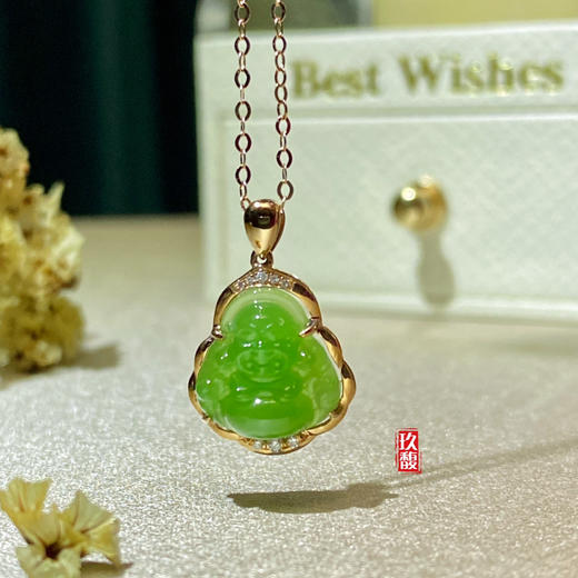 18K玫瑰金和田玉（碧玉）项链--玉佛/佛公11*12mm/链长40+2cm/苹果绿 商品图1