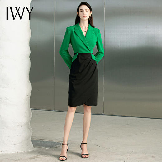 IWY/秋季新款时尚职业连衣裙个性黑绿拼接色戗勃西装领修身设计感裙子223182Q1 商品图2