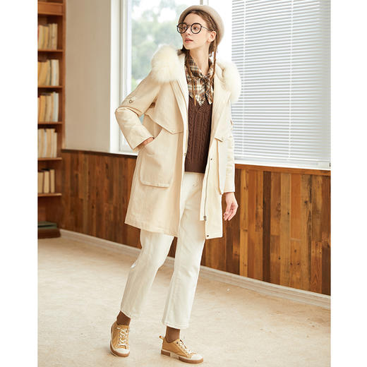 Famecoco范可儿原创设计派克羽绒服女冬加厚大毛领工装外套中长款F228AD001 商品图2