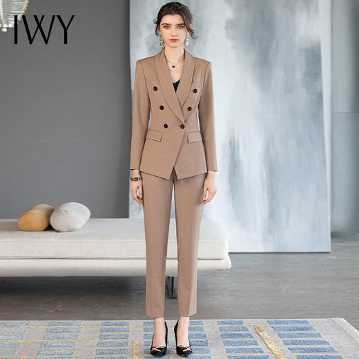 IWY/高端卡其色青果领西服女时尚套装气质职业装双排扣西装秋季正装2231102CP1 商品图1