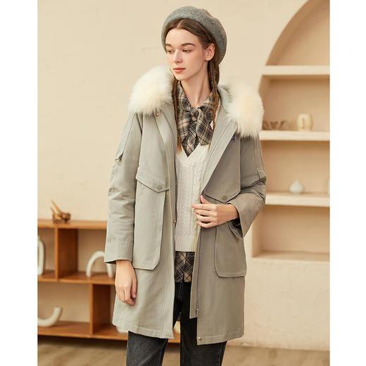 Famecoco范可儿原创设计派克羽绒服女冬加厚大毛领工装外套中长款F228AD001 商品图3