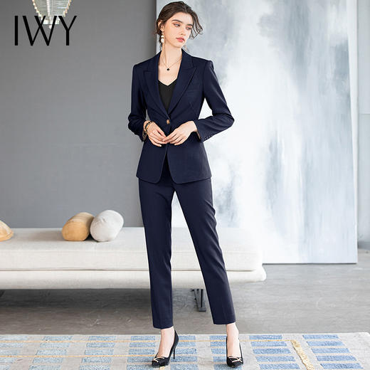 IWY/时尚藏蓝色一粒扣西装套装女长袖职业装气质正装显瘦西服外套2231104CP1 商品图4