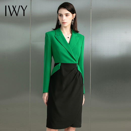 IWY/秋季新款时尚职业连衣裙个性黑绿拼接色戗勃西装领修身设计感裙子223182Q1 商品图0
