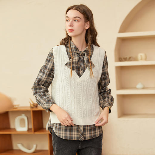 Famecoco范可儿格子毛衫衬衫两件套秋冬文艺高级感套装女F228EC001 商品图3