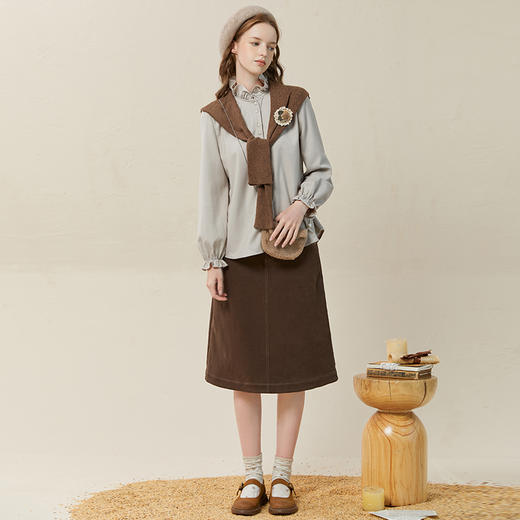 Famecoco范可儿明线绣花半身牛仔裙女小个子中长款a字直筒裙F228HA023 商品图3