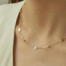 Oflye潮流饰品  金色花朵皓石通体纯银项链女夏小众精巧锁骨颈链