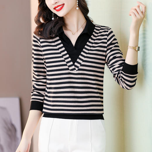 KQL 210H976经典条纹T恤拼接假两件大码打底衫 商品图1