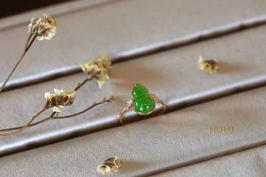 18K玫瑰金和田玉（碧玉）葫芦戒指 /单面葫芦8*13mm/菠菜绿 商品图4