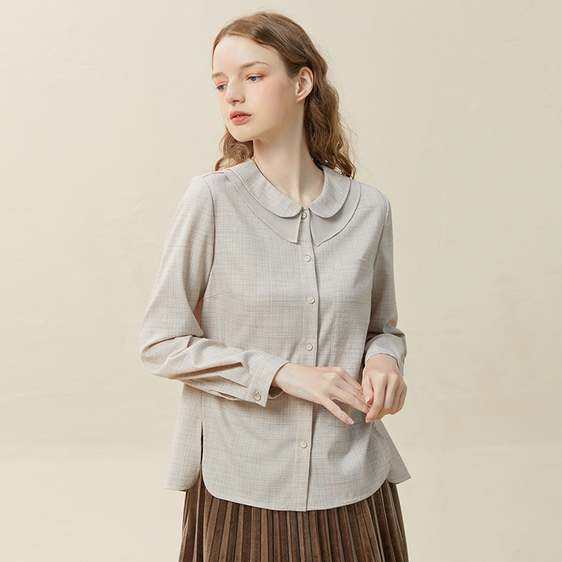 famecoco范可儿双层领细格纹衬衫女侧开叉衬衣通勤设计感F228BH001