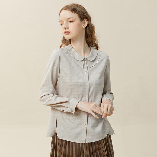 famecoco范可儿双层领细格纹衬衫女侧开叉衬衣通勤设计感F228BH001 商品图0