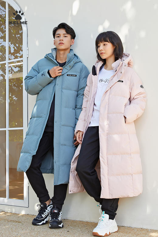 卡尔美冬季运动羽绒服过膝防寒鸭绒大衣长款连帽情侣运动厚外套9247YR1025 商品图5