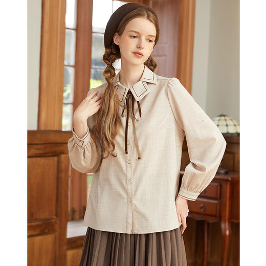 Famecoco范可儿花瓣领衬衫女设计感小众秋冬季蝴蝶结衬衣F228BH008 商品图3