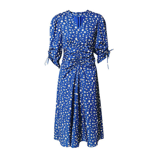 EITIE爱特爱秋季新款气质通勤蓝色v领收腰a字显瘦碎花连衣裙C2207030 商品图5