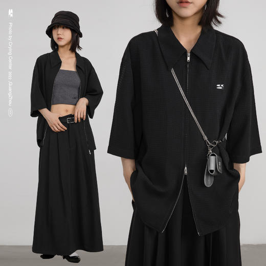 CryingCenter 银灰刺绣极简黑无性别华夫格衬衫上下拉链 哭喊中心 商品图1