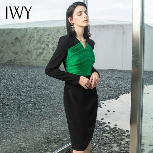 IWY/秋季新款洋气时尚职业连衣裙女拼接黑绿色长袖个性潮流打底裙2231100Q1 商品图1
