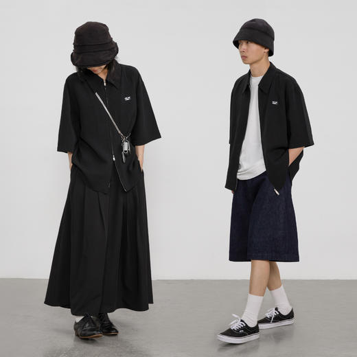 CryingCenter 银灰刺绣极简黑无性别华夫格衬衫上下拉链 哭喊中心 商品图2