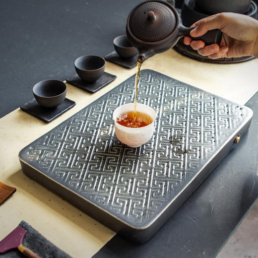 陶瓷秦砖茶盘家用储水式干泡盘功夫茶具简约陶瓷小茶台托盘 秦砖茶盘-灰白VD3a 商品图3
