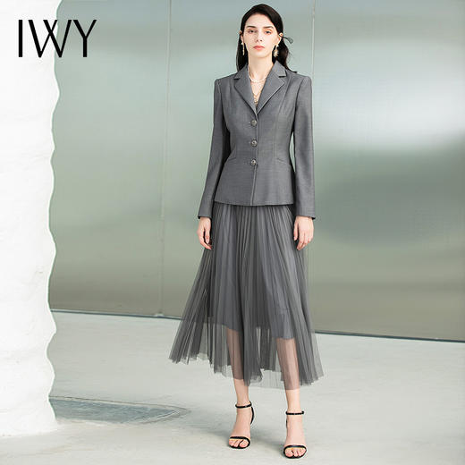 IWY/秋季高端演讲灰色西装纱裙套装女时尚单排扣西服名媛主持人正装223167C1+223167S4 商品图1