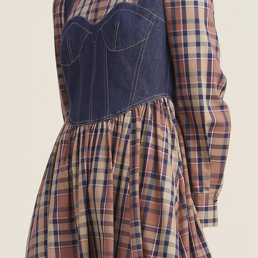 谜底连衣裙2022秋新款复古文艺格子拼接牛仔中长裙女223ML1152 商品图2