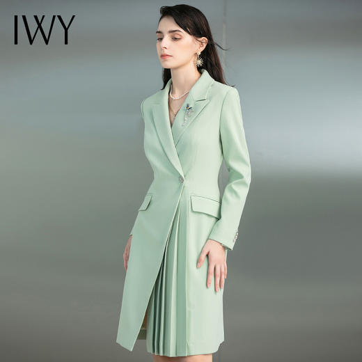 IWY/绿色英伦风长袖职业连衣裙时尚秋季浅绿色西装领气质修身ol裙子正装223198Q1 商品图1